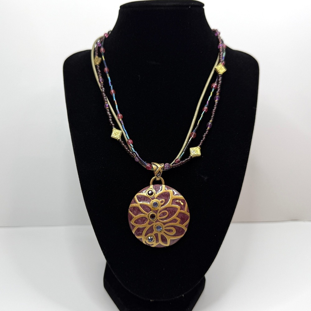 Chico's Purple Enamel Pendant Necklace Gold Tone Beaded Accents Jewelry 19.5 in